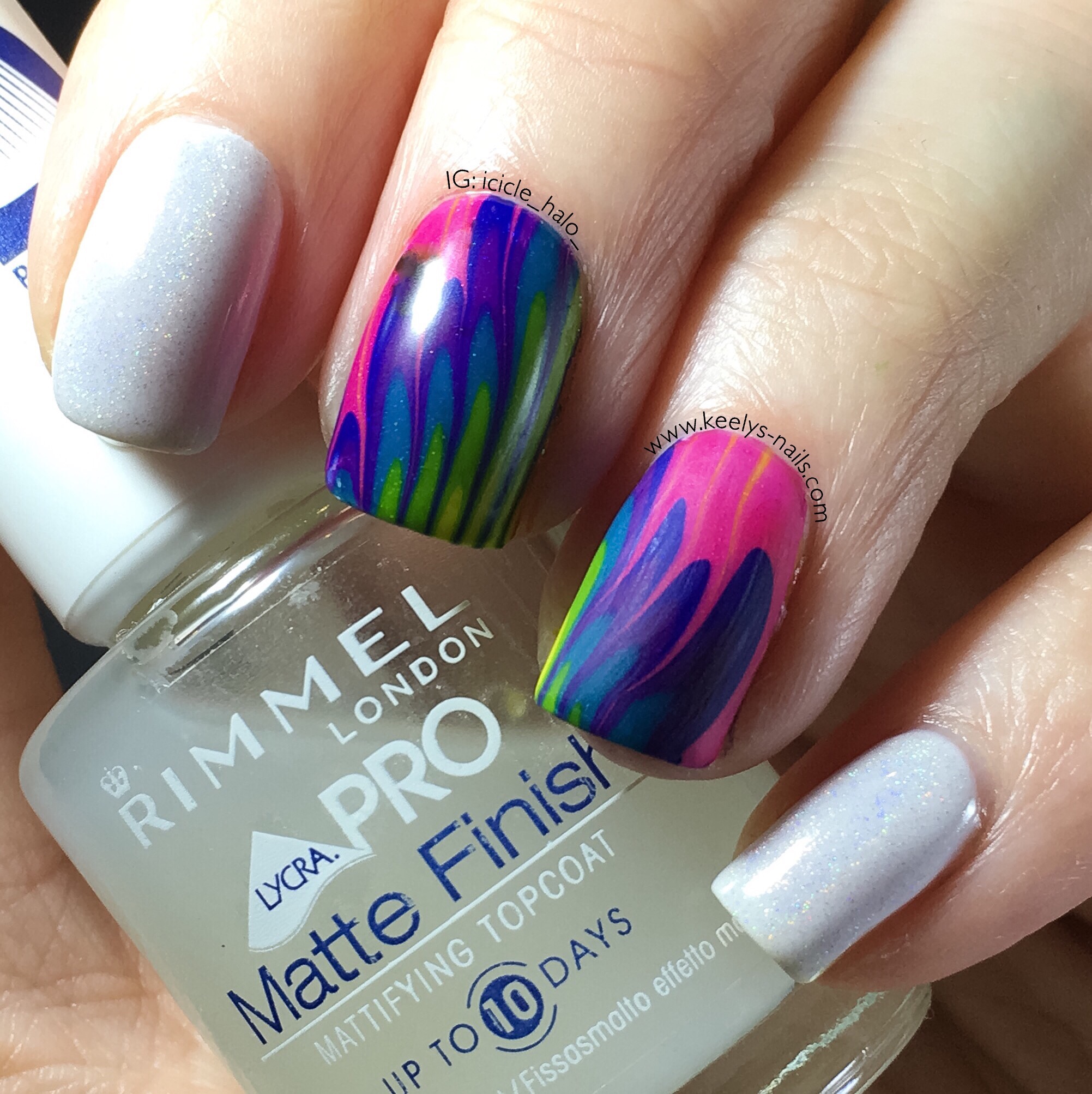 Left hand Rainbow Feather Watermarble. Is it matte or shiny nail art? Who knows what is wrong here...