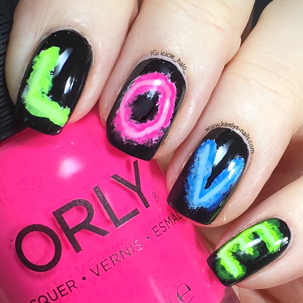 Neon Love nail art mani swap by Keely's Nails