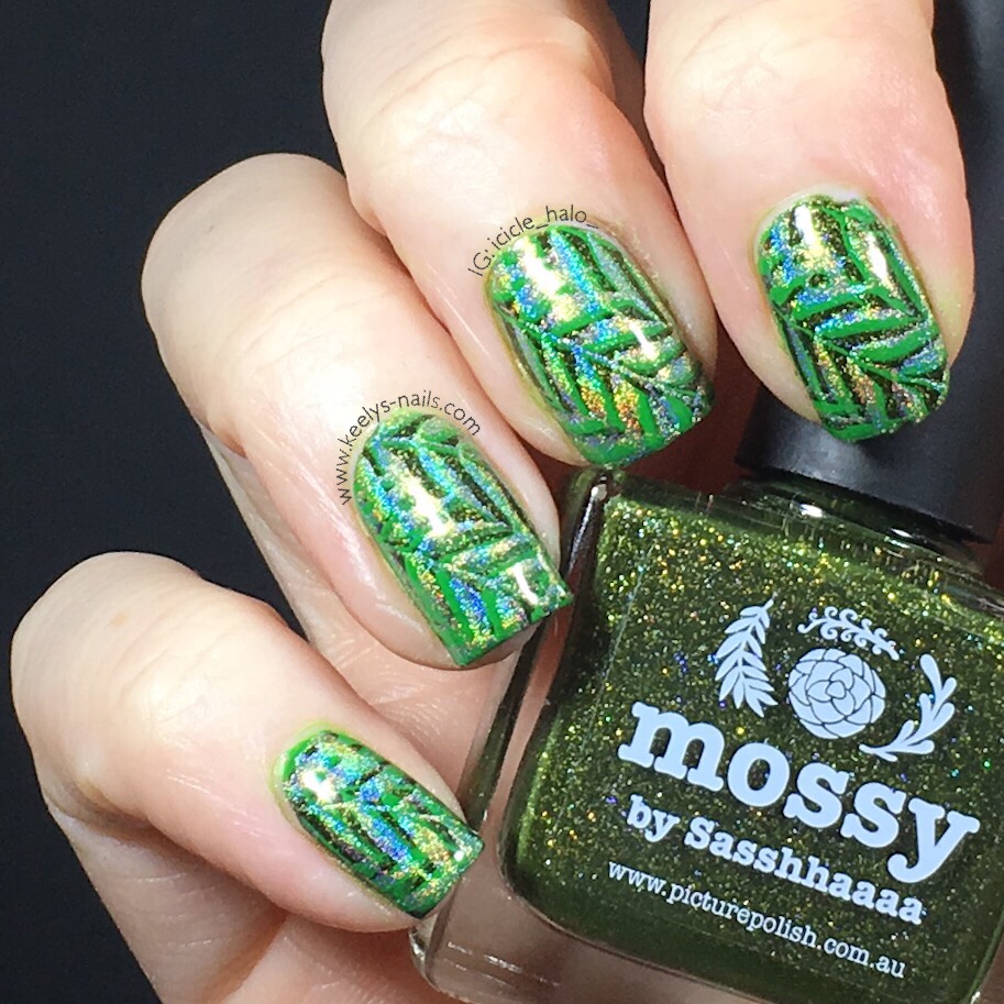 Leafy Green Nail Art double stamping over Picture Polish Mossy