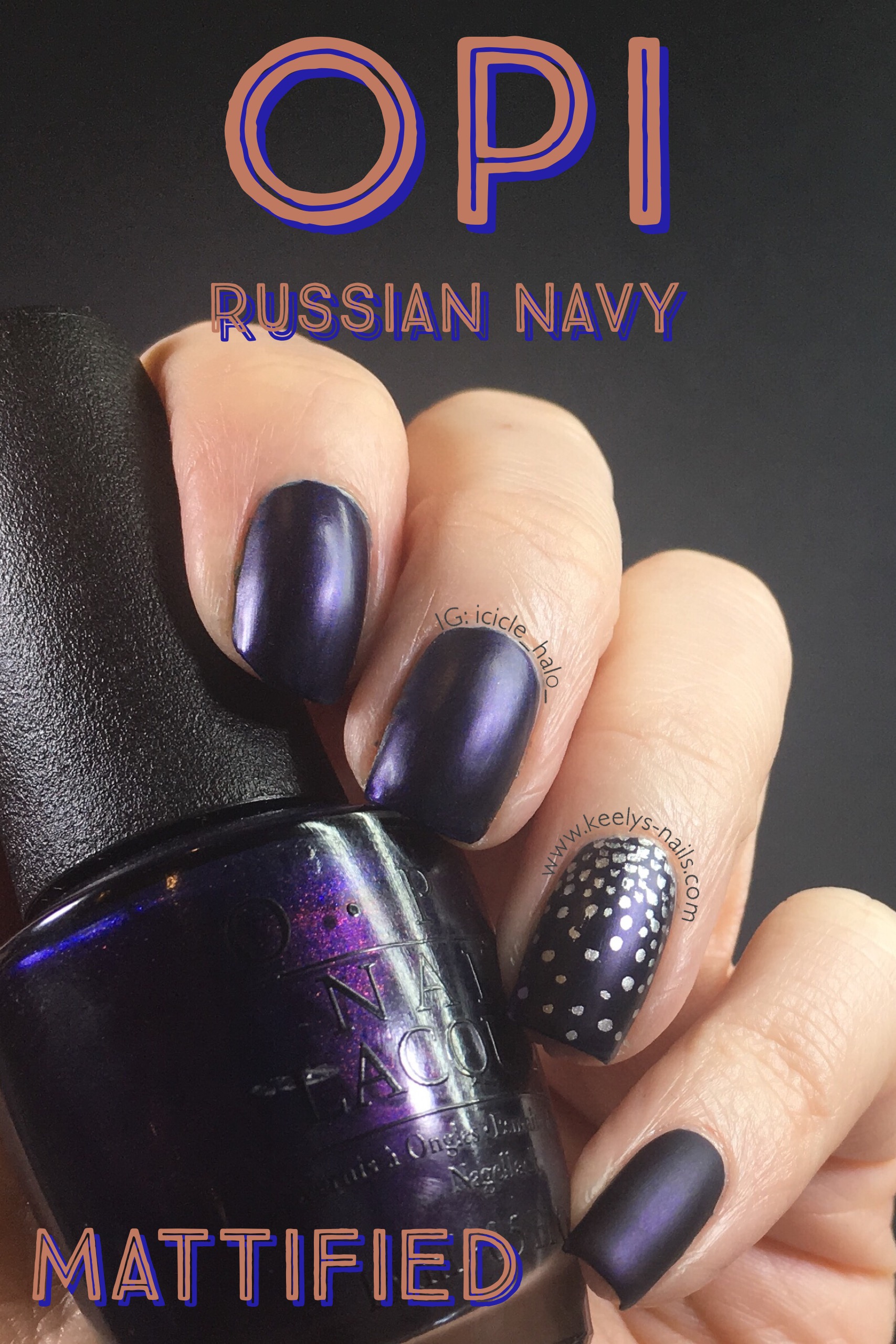 Easy nail art matte navy blue stamped silver - Keely's Nails