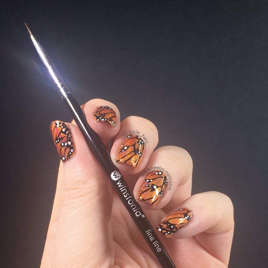 Freehand dots over Monarch Butterfly stamping nail art | Keely's Nails