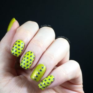 A closed look: chartreuse base with double stamping and a matte top coat